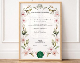 Cadeau de Nikah Personnalisé Magnolia Rose Pâle | Attestation Mariage Islamique Couronne Florale | PDF A4
