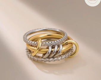 Stainless Steel Cubic Zirconia Stackable Rings – Women’s 18K Gold Plated Multi-Link Statement Ring, Fashion Jewellery Gift