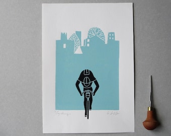 Cyclist Gift - Tour de France - Minimal Art Original Linocut Print - Cycling - Bike, Contemporary Bicycle Lover Gift - Printmaking ,Signed