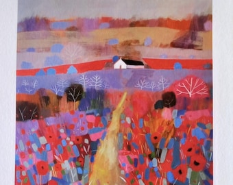 Poppies and White Cottage  English Summer Landscape Giclee Limited Edition Print -  from an original acrylic painting - Signed G. Lazzerini