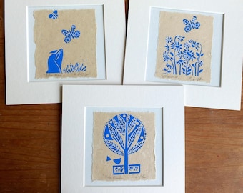 Set of 3 mounted Nature Series Linocuts - Blue  Monochrome Original Lino Prints - Printmaking - Home Decor Signed Giuliana Lazzerini
