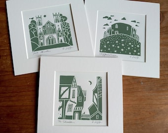 Set of 3 mounted York Linocut Print- Landmarks - Monochrome Original Lino Prints - York Architecture Printmaking - Home Decor- Signed