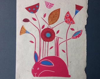 Rabbit and Flowers Contemporary Artwork on handmade paper signed Giuliana Lazzerini