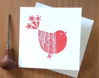 Red Robin Linocut Art Card, Winter Robin Hand Printed - Lino Print - Blank Inside Hand Made Card - Contemporary Decorative Card