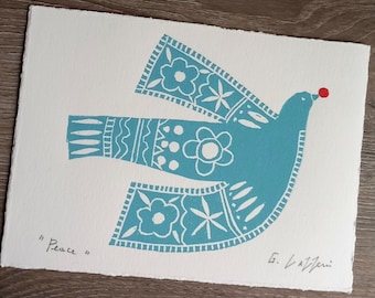 Dove of Peace with Red Berry Signed Original Lino Print - Birds Flight  Printmaking Art  Decor - by Giuliana Lazzerini