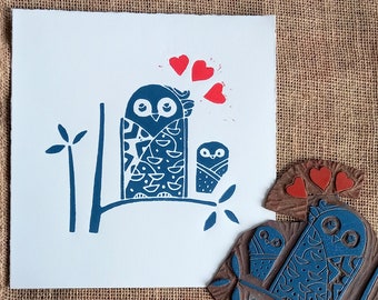 Owl Love with Red Hearts Original Lino Print - Printmaking Art - Hand Signed by Giuliana Lazzerini