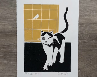 Black and White Cat Linocut Original Print - Printmaking Art - Animal Wall Decor - in Ochre Yellow and Black by Giuliana Lazzerini
