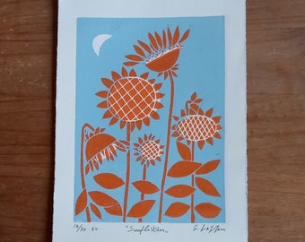 Sunflowers Original Linocut Print,Hand Printed Lino Print Limited Edition by Giuliana Lazzerini.