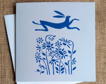 Easter Hare Handprinted  Linocut Card Blank inside - Original Rabbit  Lino Print - Handmade Print