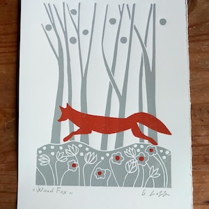 Impression linogravure Renard roux : Art des bois d'automne, signée
