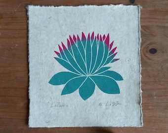 Original Linocut on Handmade Paper. Lotus Flower - Botanical Gift - Spring Printmaking Art Hand Printed and Signed by Giuliana Lazzerini
