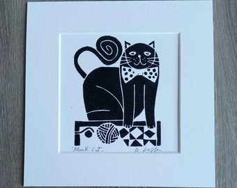 Cat Linocut Mounted - Black Cat ,Ginger Cat Lover Gift,Printmaking Art - Original Linocut Contemporary Art Hand Signed Giuliana Lazzerini