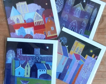 Set of 4 Night York Art Cards , Yorkshire Medival Architecture - Blank inside - Taken From Original Paintings  by Giuliana Lazzerini