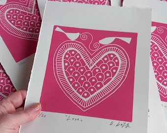 Love Gift Original Linocut, Pink Heart and Birds Limited Edition Anniversary \ Wedding - Hand Printed by Giuliana Lazzerini.