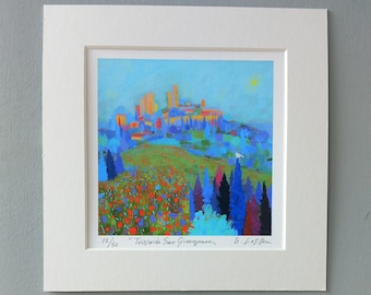 San Gimignano - Impression contrecollée en édition limitée - Toscane, Italie - Giclée - Art contemporain, d'après une peinture originale - Signé G. Lazzerini