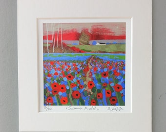 Poppies Limited Edition Print - Yorkshire Field Landscape -  Mounted Print - Contemporary , from an original painting - Signed G. Lazzerini