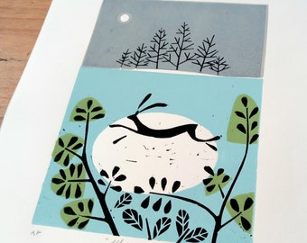 Hare & Moon Original Linocut Print - Rare Artist Proof - Lino Print - Night Woodland - AP uit een oplage van 25 alleen door Giuliana lazzerini