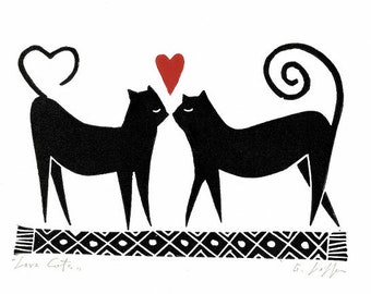 « Cadeau d'amour des chats noirs de la Saint-Valentin - Impression linogravure originale de l'artiste » par GiulianaLazzerini