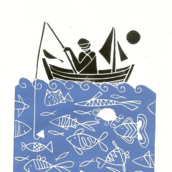 Fishing Linocut Original Print,Lino Print Fisherman Gift,Life at Sea - Blue Fishes ,Fishing Boat -  Signed Original Print,Hand Pulled