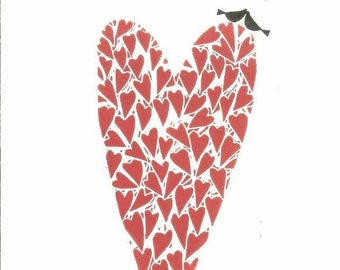 Red Heart Linocut Hand Made - Love Birds,Original Print - Art Decor, Valentines Day Romantic Gift, Wedding Anniversary Signed