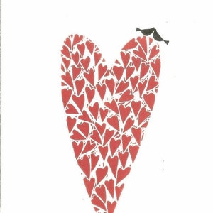 Red Heart Linocut Hand Made Love Birds,Original Print Art Decor, Valentines Day Romantic Gift, Wedding Anniversary Signed image 1