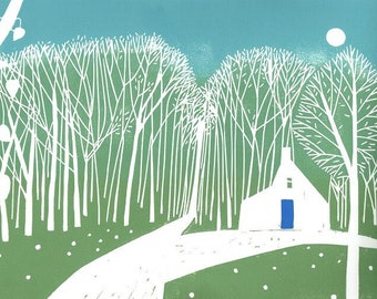 Woodland Cottage - Large Linocut - Lino print - Secluded White Cottage - number 9 From a Limited Edition of only 15  by Giuliana Lazzerini
