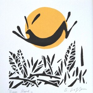 Sun Jumping Hare Linocut Spring Rabbit, Original Printmaking Art Hand ...