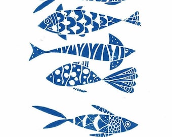 Fish Art - Linocut ,Linoprint ,Printmaking - Blue or Orange Fishes,  Fishing Gift , Ocean, Original  Lino Print Signed by Giuliana Lazzerini