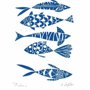 Fish Art Original Linocut,Printmaking Blue or Orange Fishes, Fisherman Gift , Ocean, Original Lino Print Signed Giuliana Lazzerini image 1