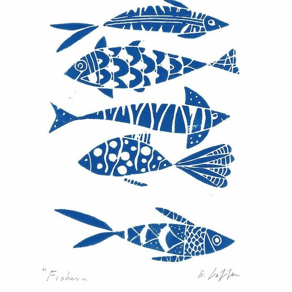 Fish Art - Original Linocut,Printmaking - Blue or Orange Fishes,  Fisherman Gift , Ocean, Original  Lino Print Signed Giuliana Lazzerini