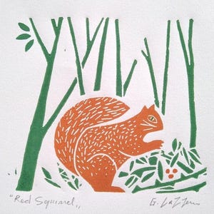 Red Squirrel Original  Linocut - Printmaking Art - Green and Orange Home Decor