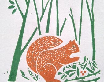 Red Squirrel Original  Linocut - Printmaking Art - Green and Orange Home Decor