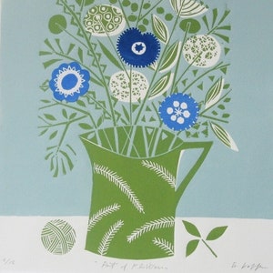 Flowers Vase - Original Stylized Decorative linocut and Collage  Limited Edition of 15 Only - Blue - Artist Print Signed Giuliana Lazzerini