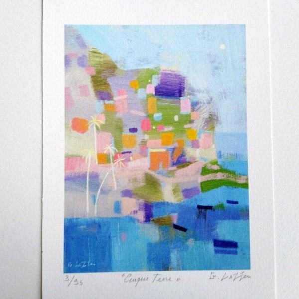 Cinque Terre - Italie - Mer bleue - Impression giclée abstraite en édition limitée - Art contemporain, d'après une peinture originale - Signé G. Lazzerini