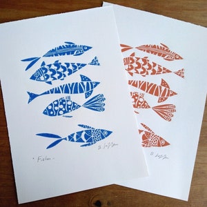 Fish Art Original Linocut,Printmaking Blue or Orange Fishes, Fisherman Gift , Ocean, Original Lino Print Signed Giuliana Lazzerini image 2