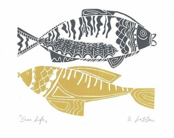 Fishes Lino Print - Fisherman Gift - Original Linocut Open Edition Print - Wall Art - Hand  Signed by Giuliana Lazzerini