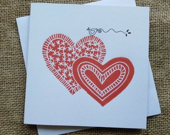 Red Hearts Hand Printed Linocut Card,Handmade, Unique Hand Painted Details Love Card - Love Bird - Anniversary - Blank inside
