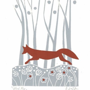 Red Fox Lino Print - Autumn Woodland Animals Linocut,Printmaking UK - Wood Fox Original Block Print,Modern, Signed Giuliana Lazzerini.