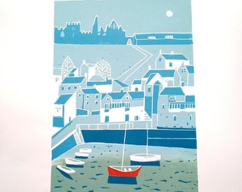 Whitby Harbour - Linocut - Lino Print Limited Edition de 25 (il ne reste qu'UN SEUL) - Imprimé à la main - Bateaux - Yorkshire - Signé Giuliana Lazzerini