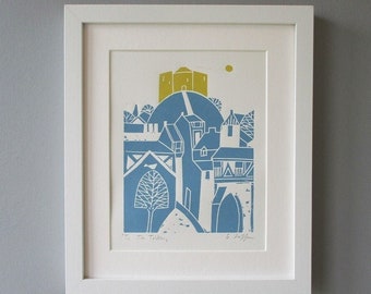 York Print UK - Clifford Tower Linocut  - Yorkshire  -  Hand Printed Original Lino Print, Medioeval Architecture - Minimal Contemporary Art
