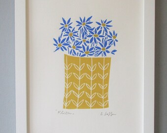 Flowers Vase Gift Lino Print - Spring Yellow and Blue Linocut Print  - Linocut - Printmaking Mid Century Art - Floral Signed