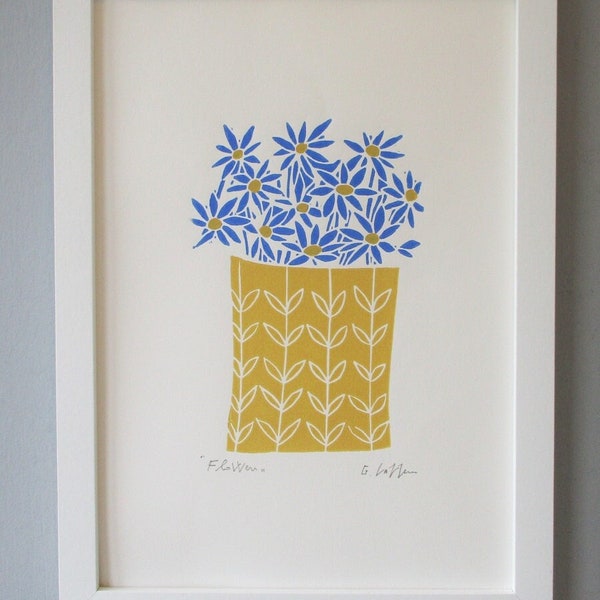 Flowers Vase Gift Lino Print - Spring Yellow and Blue Linocut Print  - Linocut - Printmaking Mid Century Art - Floral Signed