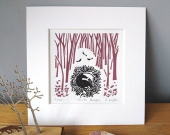 Snow Badger Mounted Limited Edition Lino Print - Animal Lover Gift - Winter Linocut - Printmaking - Contemporary - Signed Giuliana Lazzerini