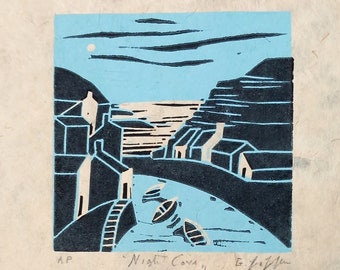 Coastal Village Linocut Artwork ,Rare Artist Proof from a Limited Edition of 25 - Handmade Paper  Original Print by Giuliana Lazzerini.