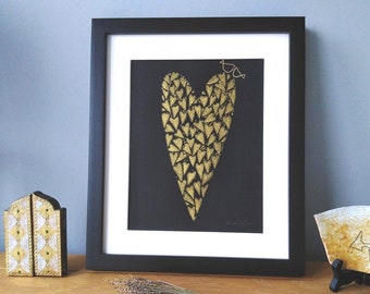 Golden Heart Print - Valentines Gift,Love Birds Linocut - Gold and Black Art Decor - Handmade  Anniversary Print, Signed , Romantic Gift