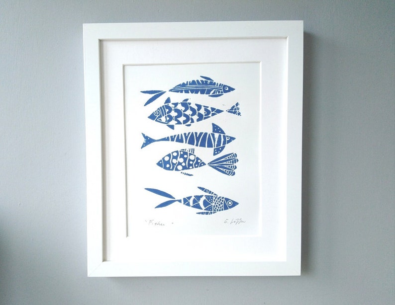 Fish Art Original Linocut,Printmaking Blue or Orange Fishes, Fisherman Gift , Ocean, Original Lino Print Signed Giuliana Lazzerini image 8