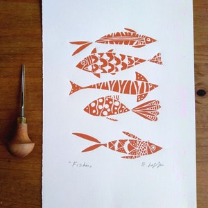 Fish Art Original Linocut,Printmaking Blue or Orange Fishes, Fisherman Gift , Ocean, Original Lino Print Signed Giuliana Lazzerini image 5