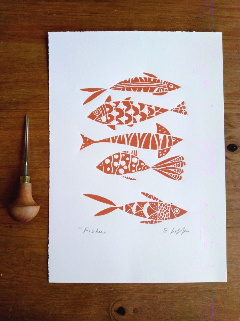 Fish Art Original Linocut,Printmaking Blue or Orange Fishes, Fisherman Gift , Ocean, Original Lino Print Signed Giuliana Lazzerini image 5