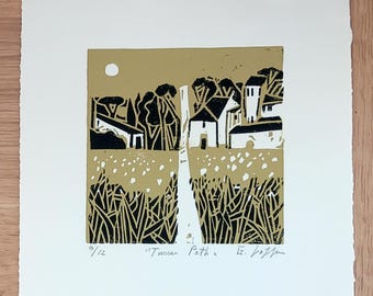 Landscape Tuscany Path Original Linocut Artwork by Giuliana Lazzerini.