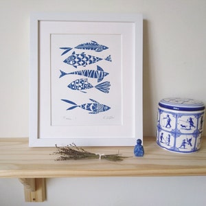 Fish Art Original Linocut,Printmaking Blue or Orange Fishes, Fisherman Gift , Ocean, Original Lino Print Signed Giuliana Lazzerini image 3